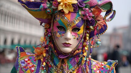 Venetian carnival mask in multicolor design with flowers and jewels during traditional festival in Venice
