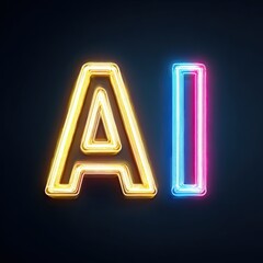 Neon glowing AI letters with futuristic yellow blue and pink lights on dark background for technology design