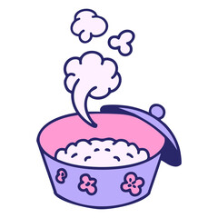 a pot of japanese steamed rice in bright neon color