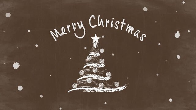 Chalk Style Christmas Tree with Falling Snow and "Merry Christmas" Text Animation on Brown Chalkboard Background