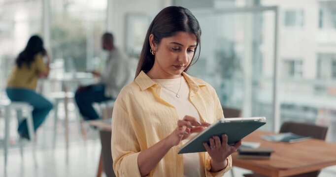 Woman, tablet and thinking in office with scroll, email response or problem solving for business. Creative, coworking space and idea in event agency with decision, brainstorming solution and feedback