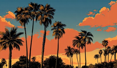 Naklejka premium Stylized sunset landscape with tall palm trees silhouetted against a vibrant, colorful sky