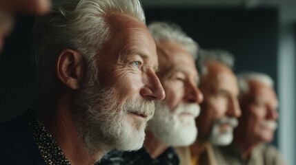 An elderly man with white hair faces forward in a dim room, where the elderly man observes the room quietly. The man remains motionless, focusing intently in silence.