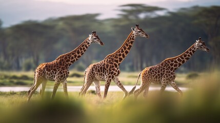 Obraz premium Three giraffes walk across the savanna, their giraffe necks reaching high above the grass. The giraffes move gracefully, showcasing the giraffe's elegant stride in nature.