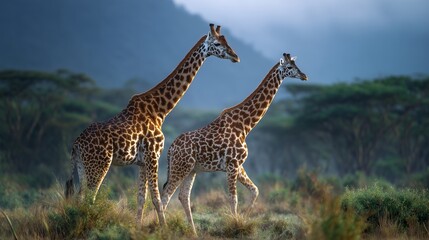 Obraz premium Two giraffes walk calmly through the savanna, their giraffe necks stretching toward the sky. The giraffes are surrounded by savanna vegetation and distant hills.