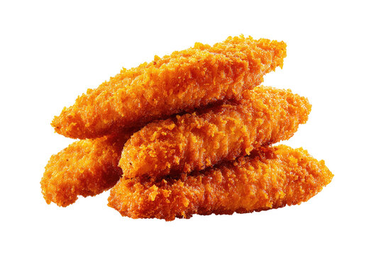 Pile of four golden-brown, crunchy food sticks, isolated against a solid black background