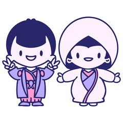 Japanese man and woman in traditional wedding clothing in bright neon color