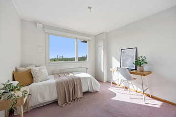 Modern luxury bedroom interior in minimal scandinavian style, 3d render