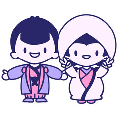Happy Japanese couple celebrating their marriage in bright neon color