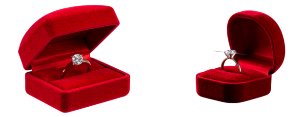 Set of Diamond Engagement Ring in Velvet Jewelry Box, Angled Perspective, Isolated