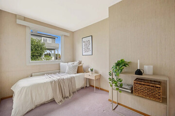 Modern luxury bedroom interior in minimal scandinavian style, 3d render