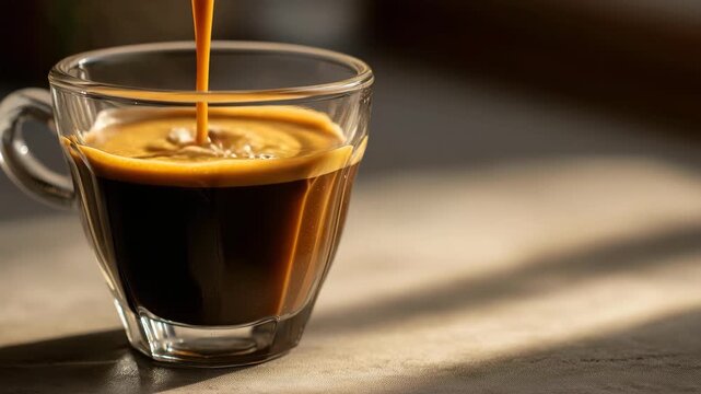 An exquisite close-up of rich espresso being poured into a transparent glass cup, beautifully capturing the essence of coffee enjoyment and artistry.