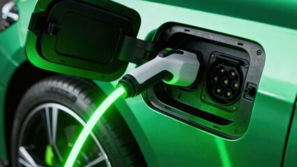 Fototapeta premium Electric vehicle charging with a green plug and sleek car design.