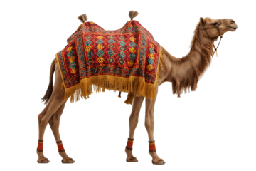 Dromedary camel with ornate saddle blanket and leg wraps isolated on a transparent background