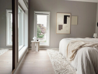 Modern luxury bedroom interior in minimal scandinavian style, 3d render