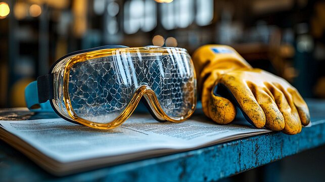 Close-up view of personal protective equipment on a workbench Generative AI