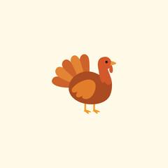 Thanksgiving Turkey Icon – Cute Brown Bird Flat Vector Illustration for Autumn Feast, Fall Celebration, and Harvest Holiday Design