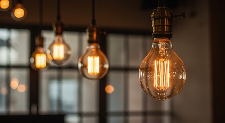 Warm glow from vintage edison filament light bulbs hanging indoors