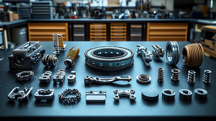 Collection of motorcycle spare parts on workbench Generative AI