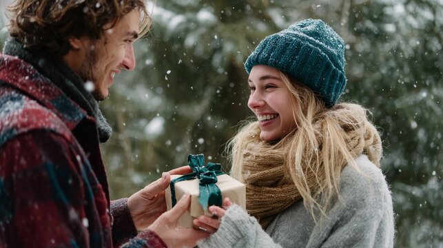 Young couple sharing a joyful moment while exchanging a gift in the snowy forest