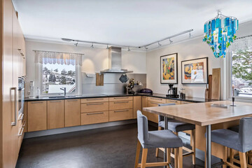 Modern luxury kitchen interior in minimal scandinavian style, 3d render