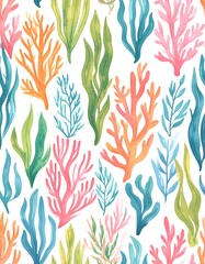Seaweed and coral pattern, vibrant colors on white