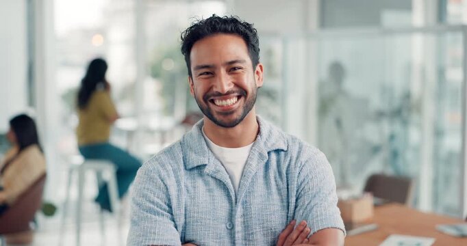 Crossed arms, happy and face of businessman in office with confidence for creative career. About us, smile and portrait of male magazine editor with pride for publishing at startup workplace.