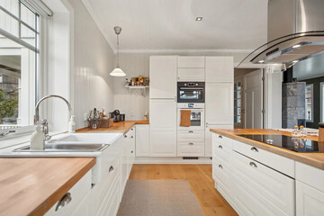 Modern luxury kitchen interior in minimal scandinavian style, 3d render