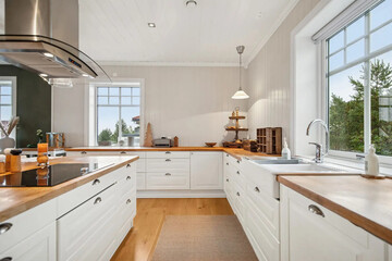 Modern luxury kitchen interior in minimal scandinavian style, 3d render