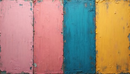 Grunge style wall. Pink blue, yellow paint. Aged, worn surface with distressed texture. Rustic backdrop for creative projects. Vintage design with vibrant colors for modern art. Colors create stylish