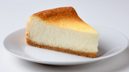 白い背景のシンプルな皿に置かれた、こんがり焼き色のベイクドチーズケーキのスライス