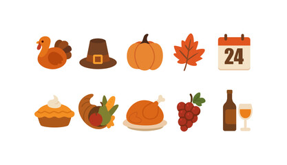 Flat Thanksgiving Icon Set with Turkey, Pumpkin, Food, and Autumn Symbols