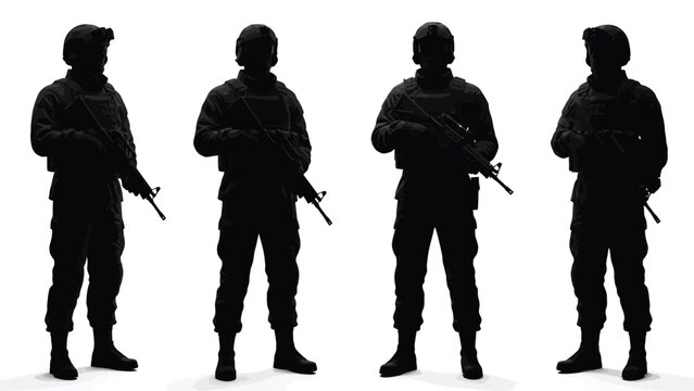 Four Elite Tactical Soldiers Silhouette with Rifles on White Background