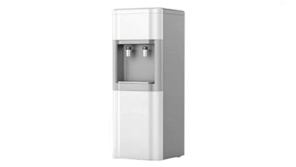 A white and gray water dispenser with two spouts standing against a black background in a studio shot created with generated ai