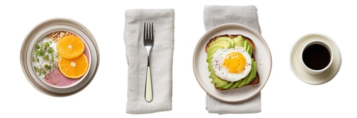 Set of Healthy Breakfast with Avocado Toast Isolated on Transparent Background. PNG.
