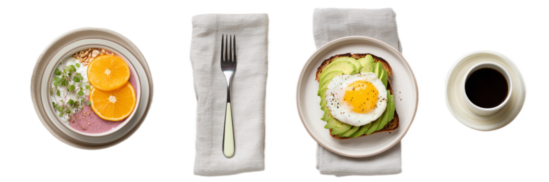 Set of Healthy Breakfast with Avocado Toast Isolated on Transparent Background. PNG.