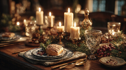 Candlelight casting soft glow over festive Christmas table, featuring seasonal dishes, sparkling glassware, and rustic decorations setting intimate holiday dining mood
