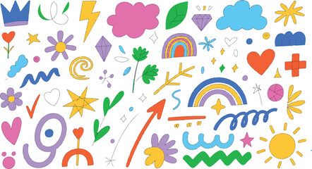 Assorted colorful doodle elements on white canvas