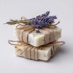 Handmade soap bars with natural ingredients lavender sprigs and rustic packaging on plain white background