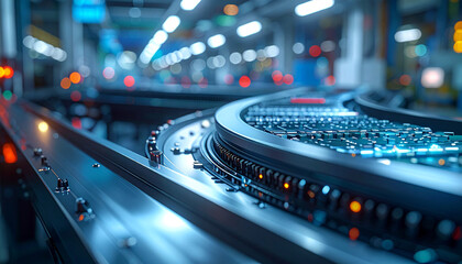 Naklejka premium Industrial Automation: A sleek, high-tech conveyor belt system, aglow with a futuristic ambiance, winds its way through a state-of-the-art industrial facility.