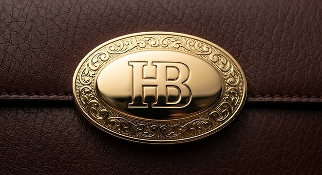 Close-up of a golden oval buckle with HB initials on a brown leather surface.