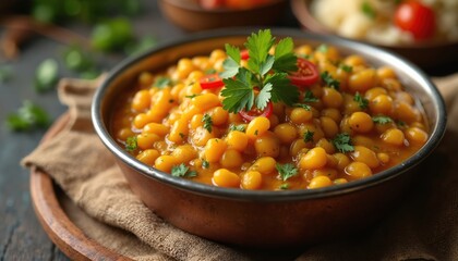 Close photo of chana daal served in bowl. Indian dish contains yellow lentils with spices and greens. Vegetarian meal is perfect for lunch or dinner.