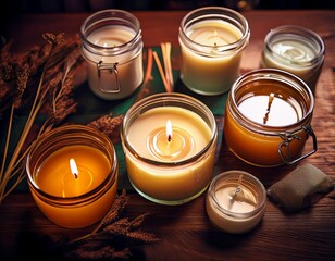 Candlelight Ambiance: A Collection of Scented Candles in Glass Jars on a Wooden Surface with Dried Floral Accents