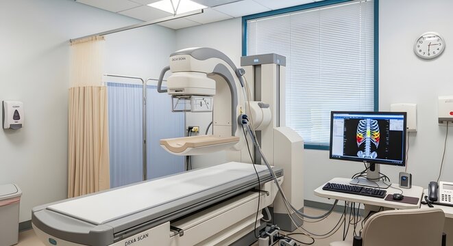 A dexa scan machine in a medical examination room with a computer displaying scan results visible