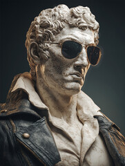 Marble bust dressed in a leather jacket with sunglasses, showcasing a blend of classical and modern styles