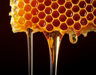 Golden Cascade: Close-up of Dripping Honeycomb Against a Dark Backdrop Reveals Nature's Sweet and Viscous Nectar