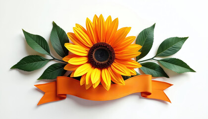 Bright yellow sunflower with green leaves and orange ribbon banner. This floral decoration signifies achievement and celebration for graduates, perfect for invitations and announcements.
