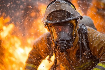 Firefighter wearing protective gear battling intense flames and water spray