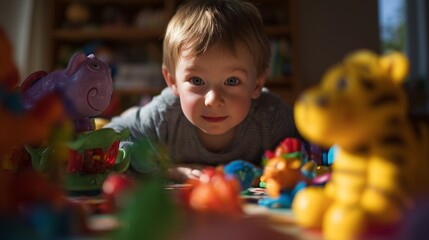 A boy is surrounded by colorful toys on a table, playing in a well-lit room. The boy enjoys the vibrant play area with toys scattered around, creating a playful environment.