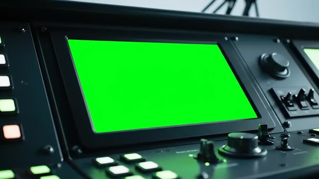 Professional broadcast video switcher control panel with a green screen monitor